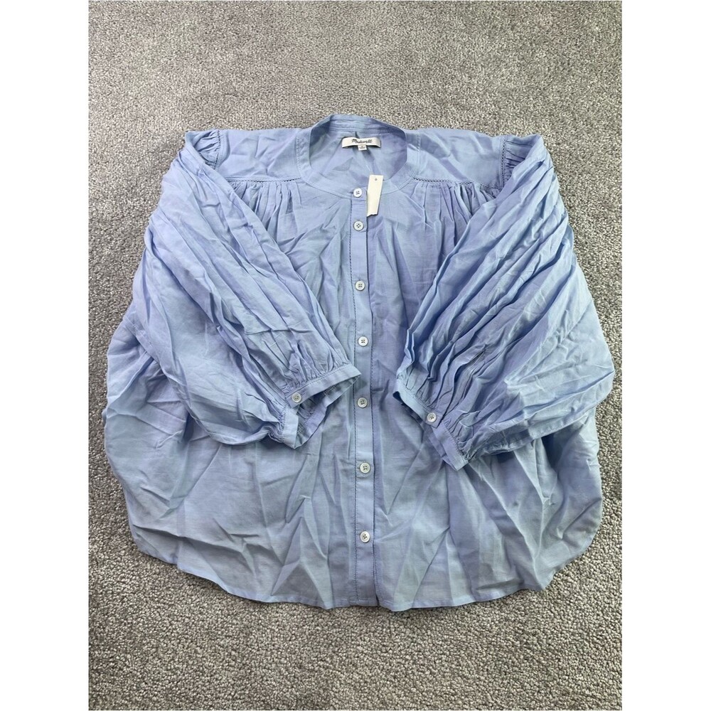 Madewell Shirred Crewneck Button-Up Top Women’s Medium Tranquil Blue Lightweight - Picture 6 of 10